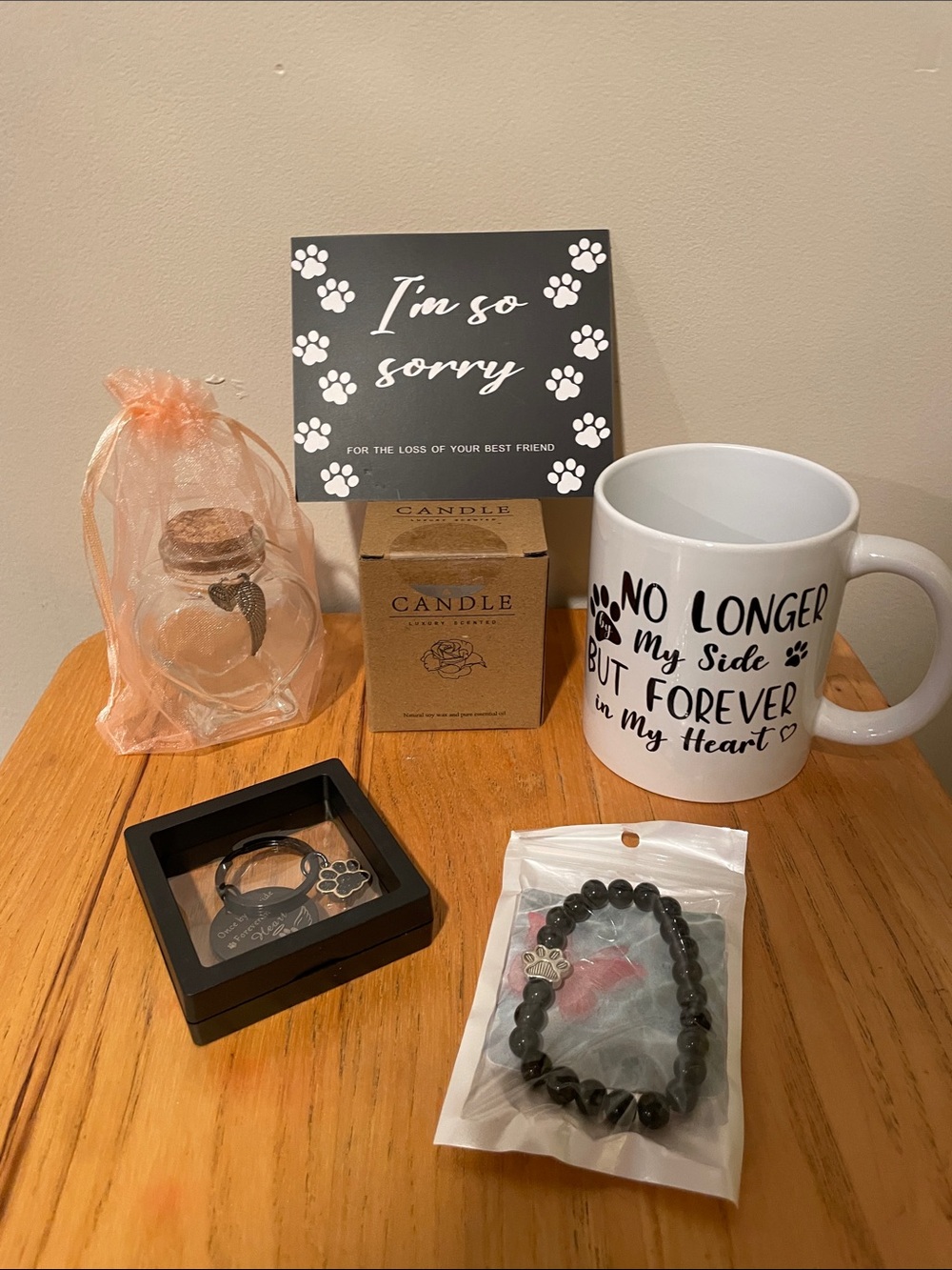 Sympathy Memorial Gift Set - Black & White Paw Print Mug and Bracelet